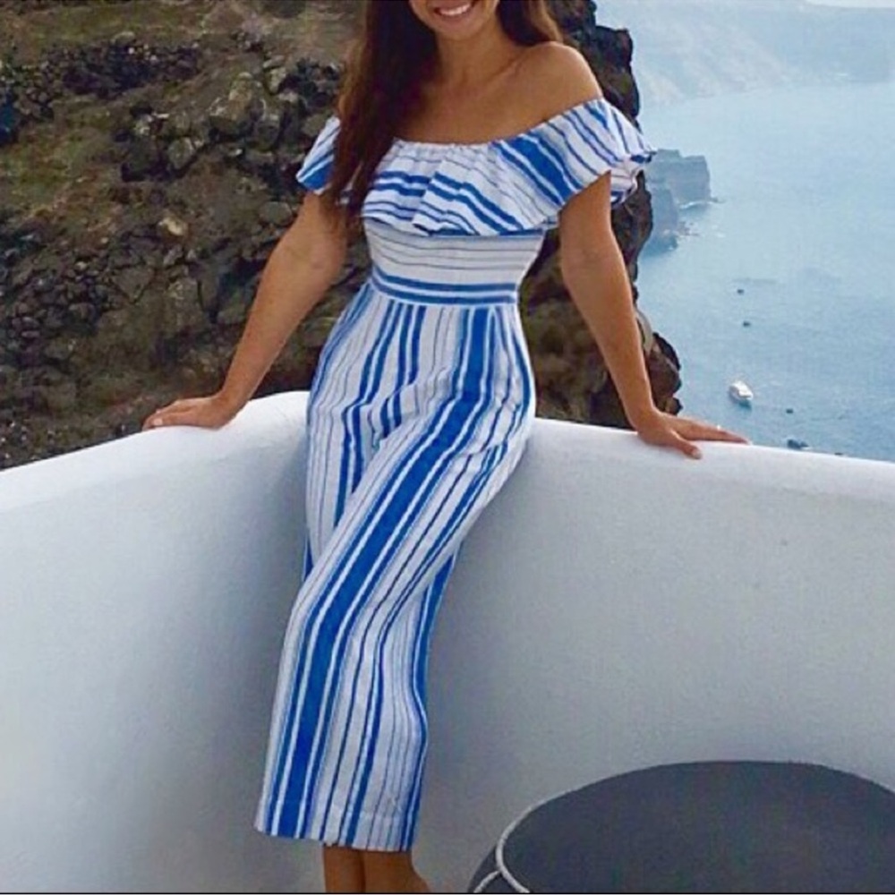JOIE Blue and White Striped Off-Shoulder Dress